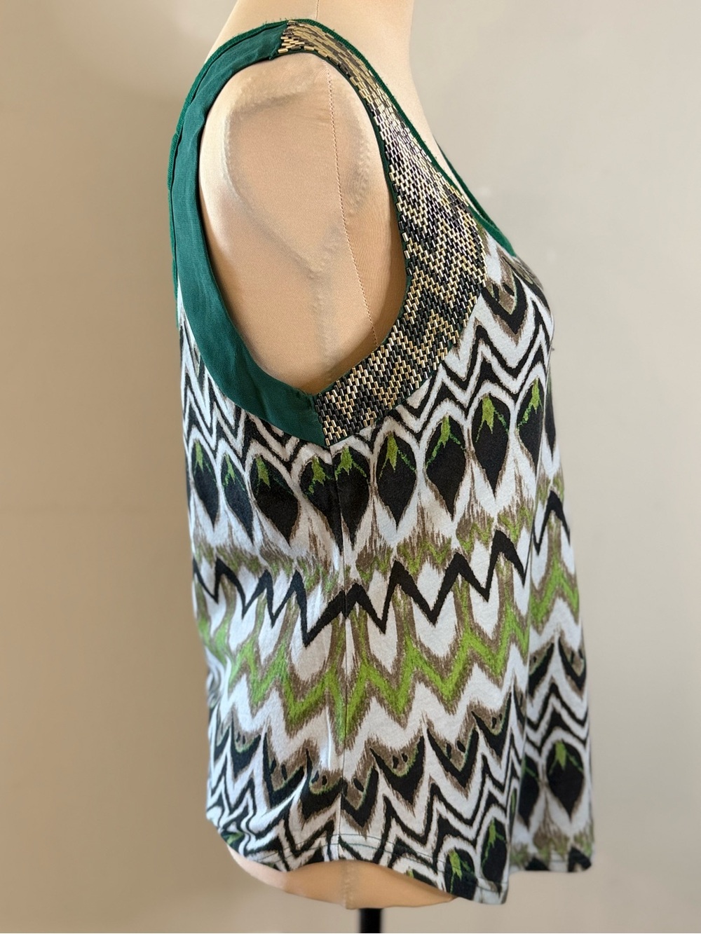 Miss Me peacock strappy back tank beaded green gold SZ M - Picture 3 of 12